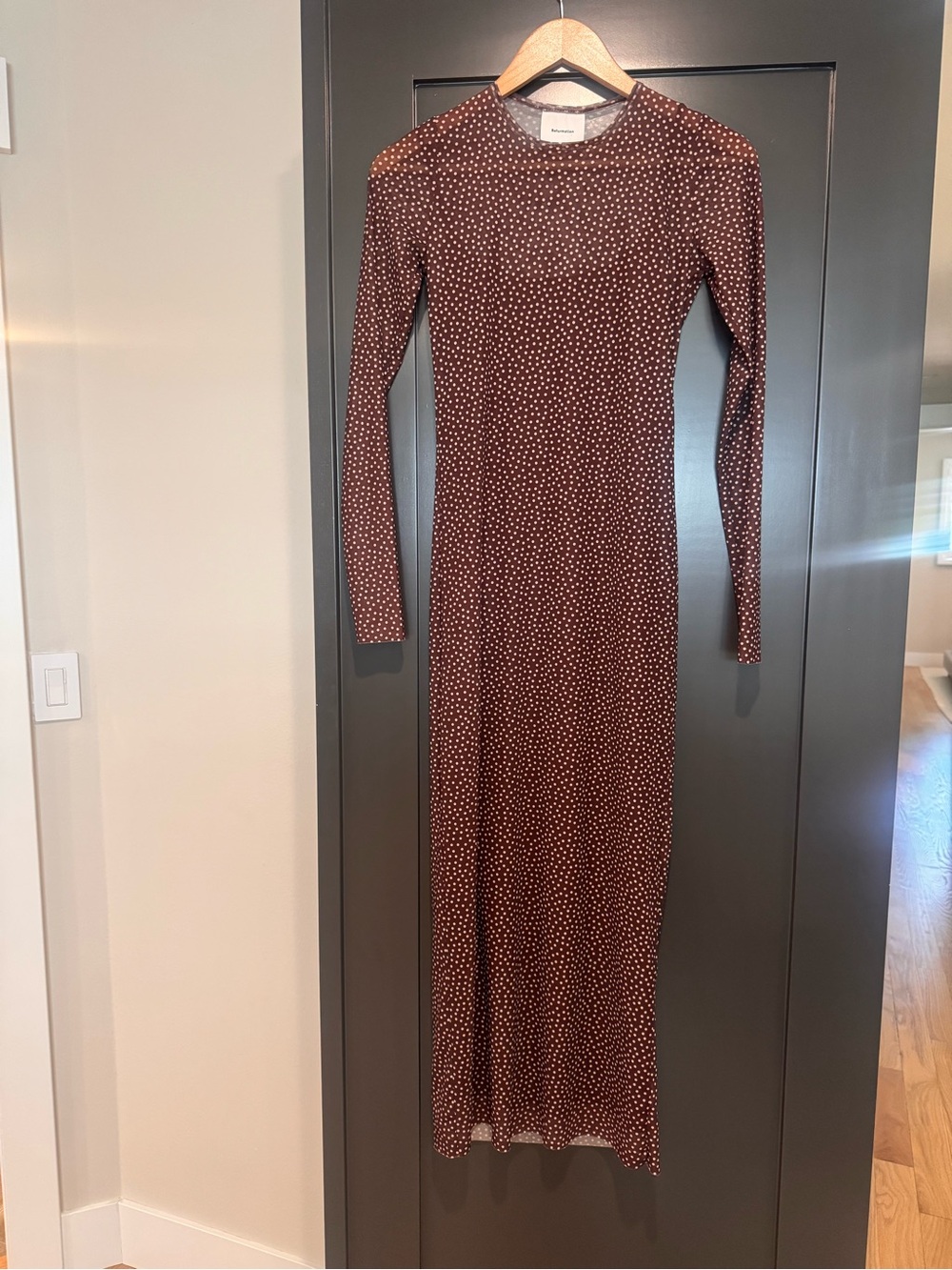 Reformation Chocolate Polka Dot Dress-slip lined